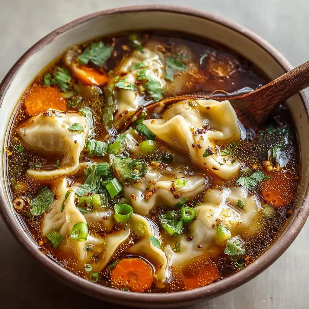 Close-up of a bowl of comforting Potsticker Soup with vibrant green scallions and a rich broth.