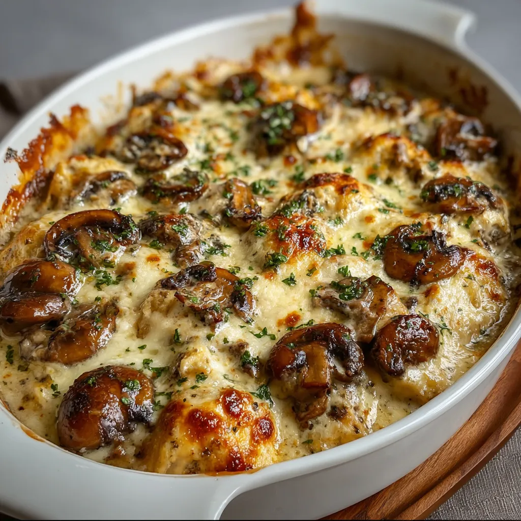 BEST KETO GARLIC MUSHROOM CHICKEN CASSEROLE