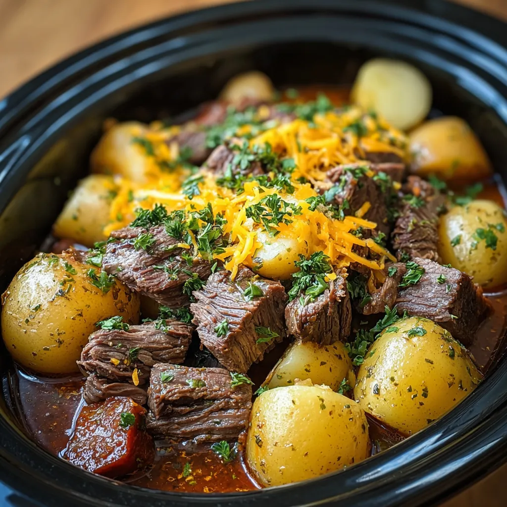 BEST STEAK CHEDDAR POTATO SLOW COOKER