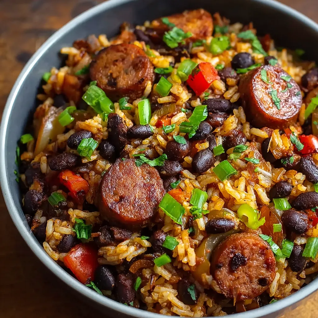 EASY BLACK BEANS AND RICE WITH SAUSAGE