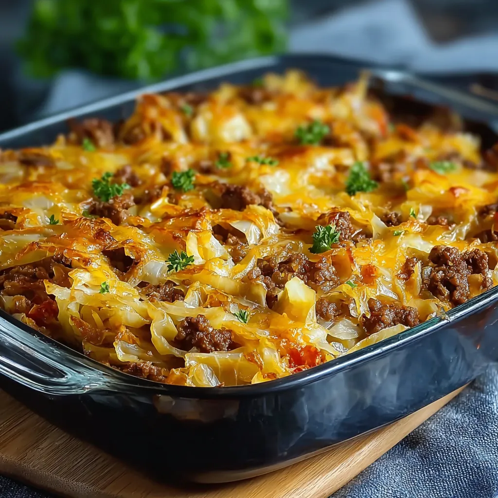 Close-up of a delicious and comforting Cabbage Beef Bake, perfect for a hearty meal.