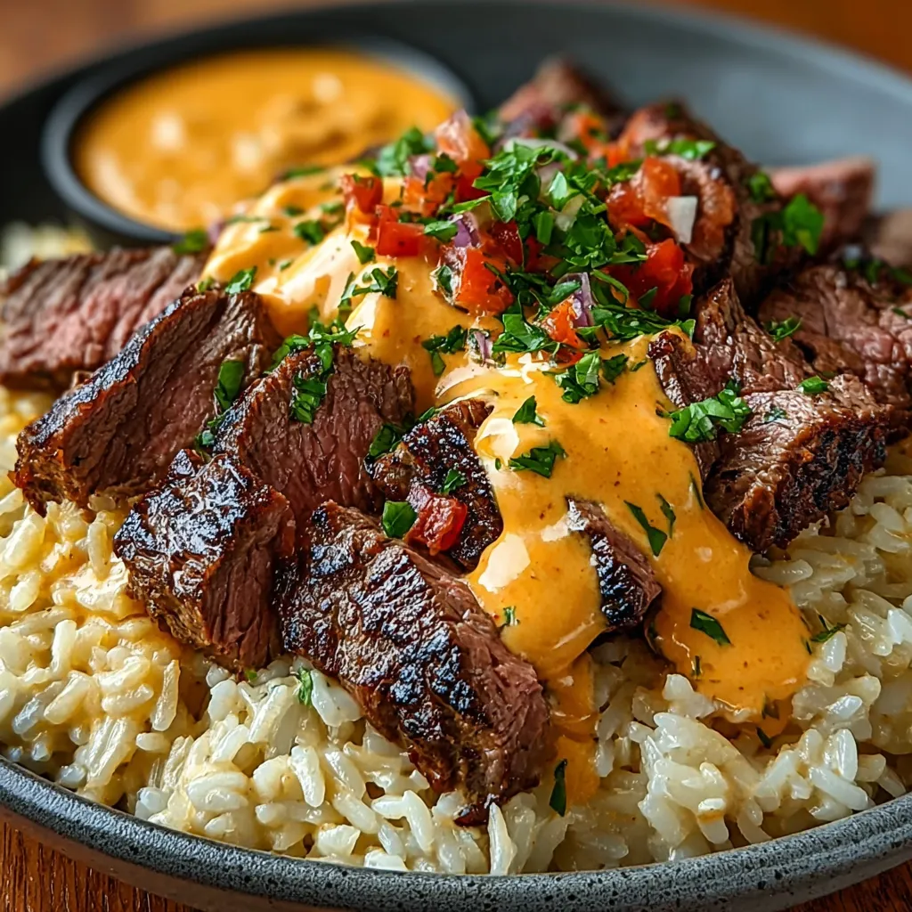 A delicious bowl of Steak & Queso Rice is shown as the featured image for the recipe.