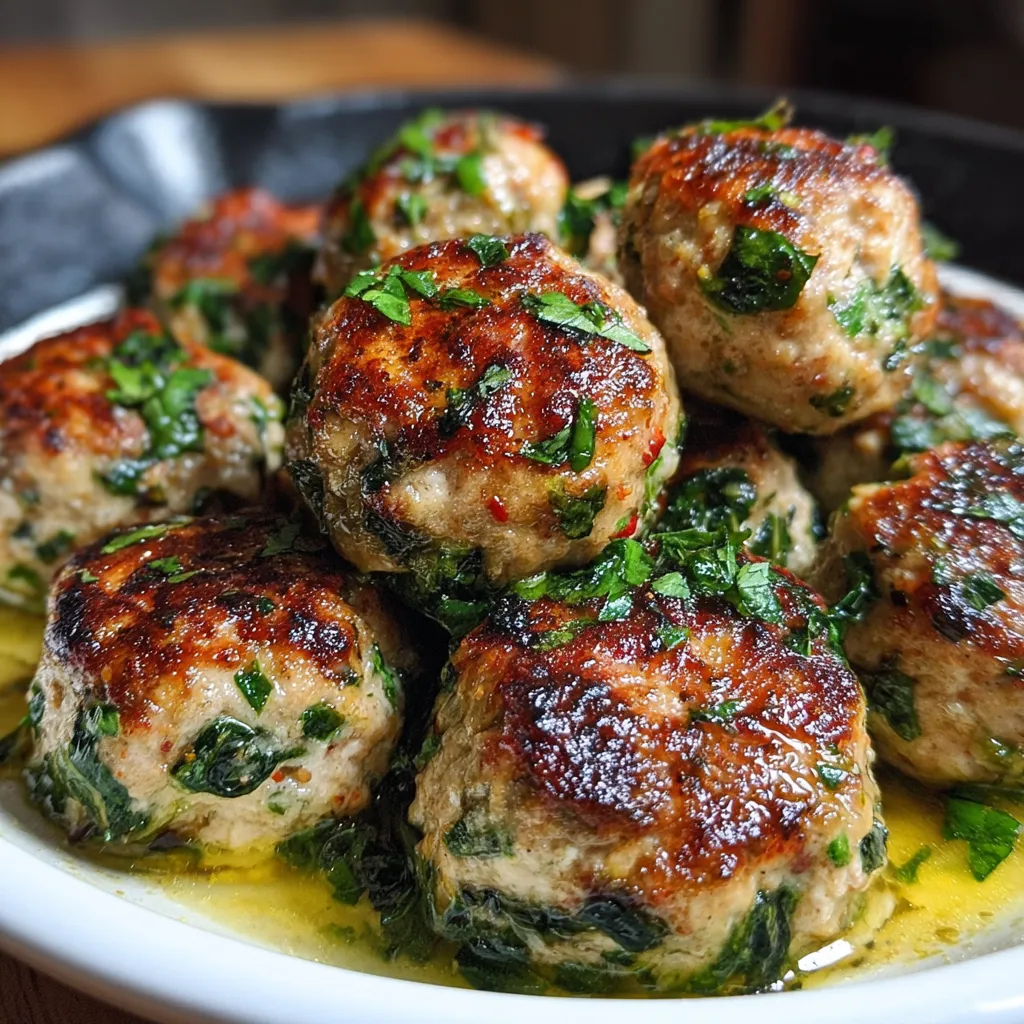 Close-up shot showcasing juicy Turkey Spinach Meatballs, the featured image for this delicious recipe.