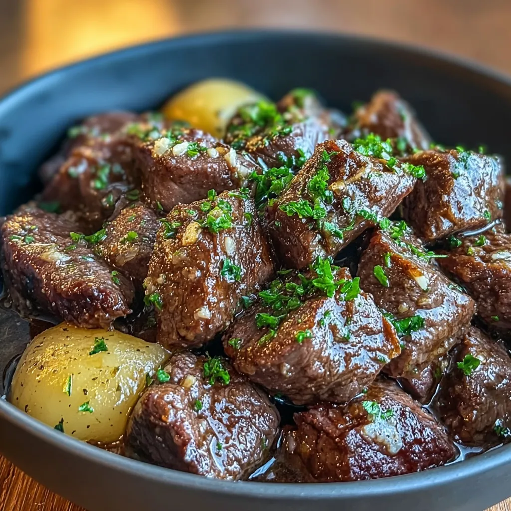 High Protein Slow Cooker Garlic Butter Beef Bites are showcased in a delicious featured image for a recipe article.