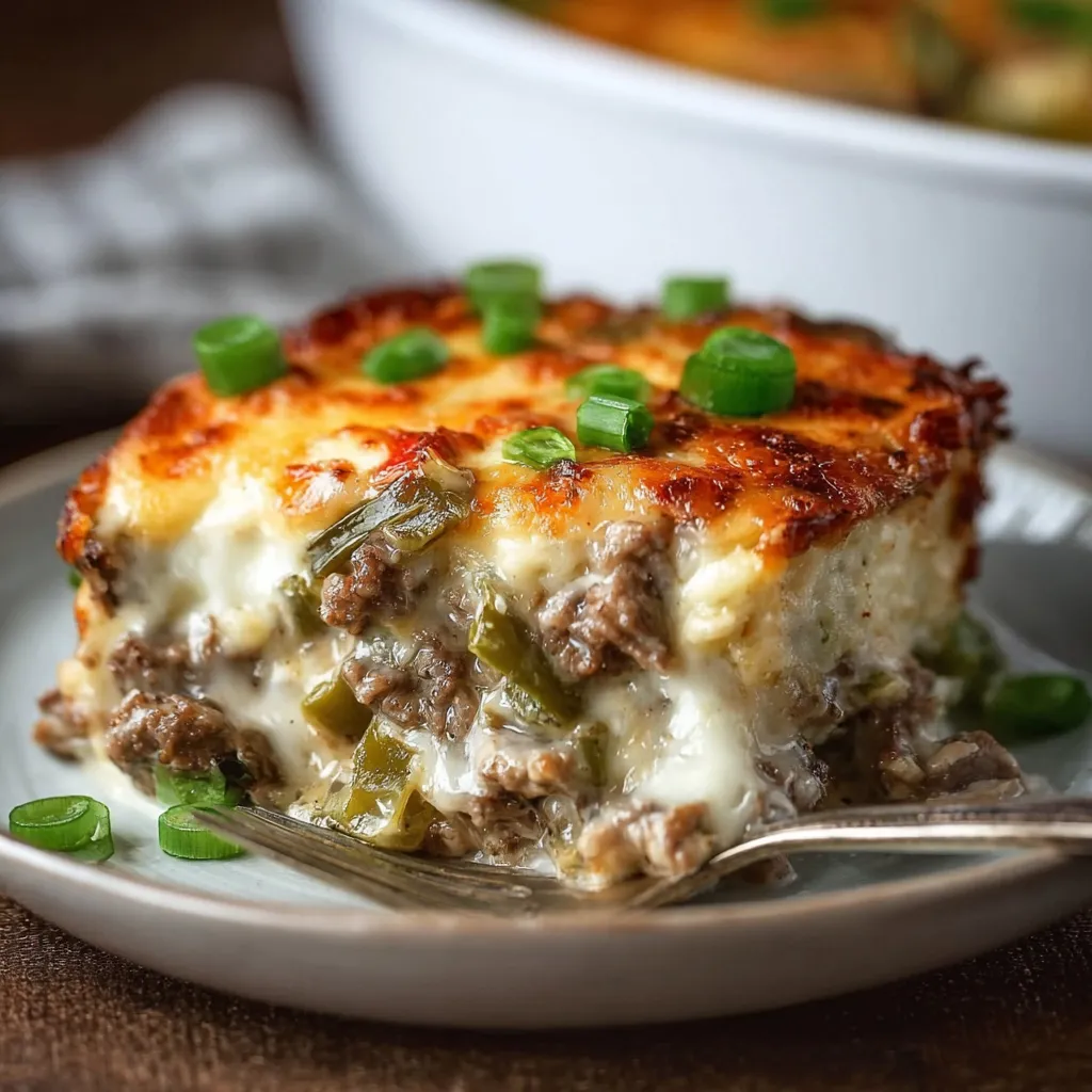 A delicious Philly Cheesesteak Casserole is pictured as the featured image for this recipe.
