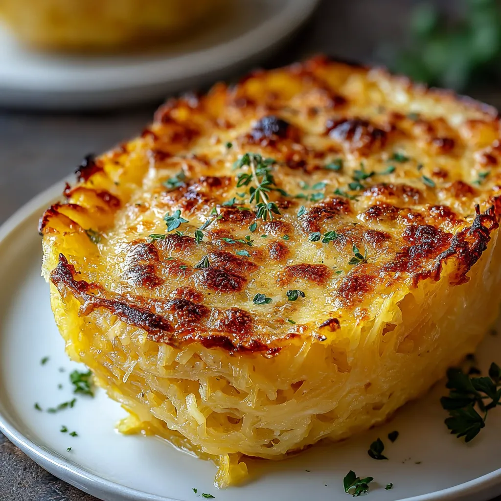 A close-up shot showcases a creamy and delicious serving of Spaghetti Squash Au Gratin, perfect for a comforting meal.