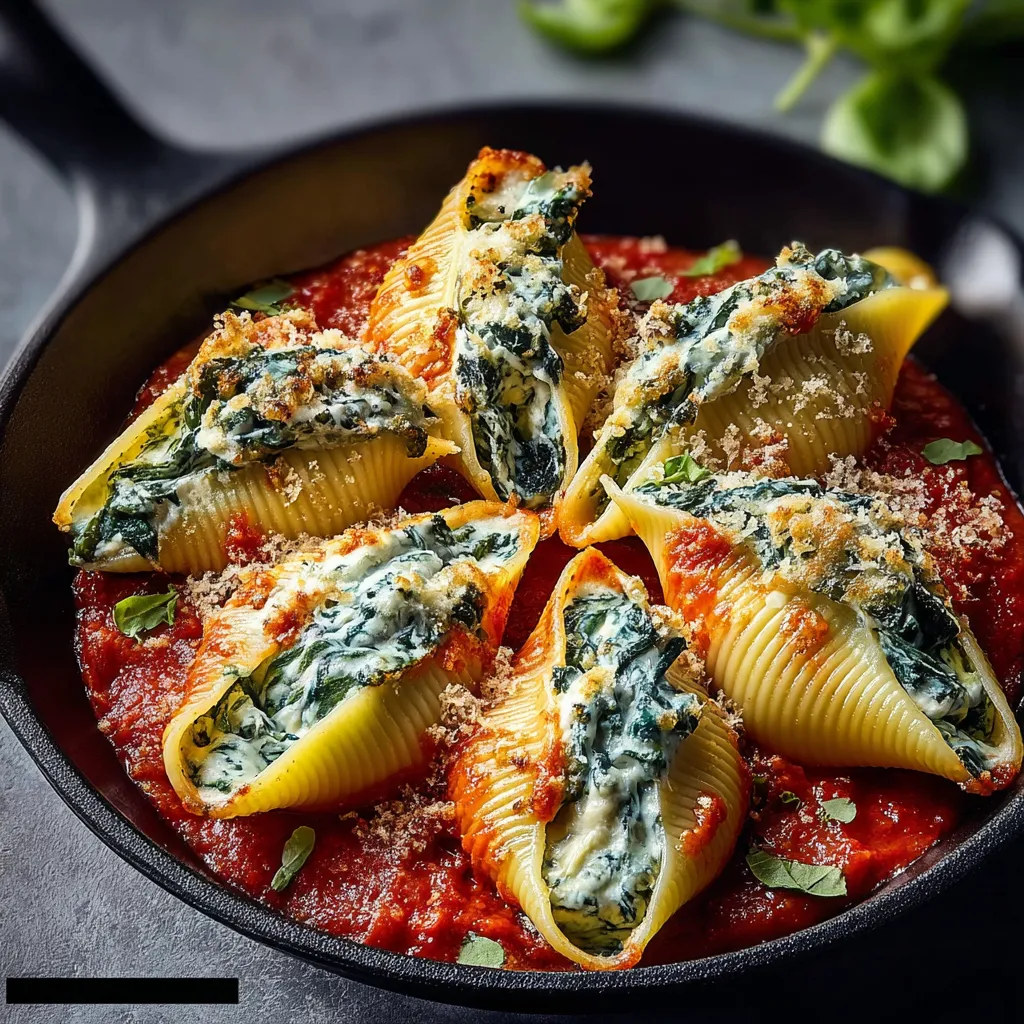 Close-up shot of delicious Spinach Ricotta Stuffed Shells, perfect for a comforting Italian dinner.