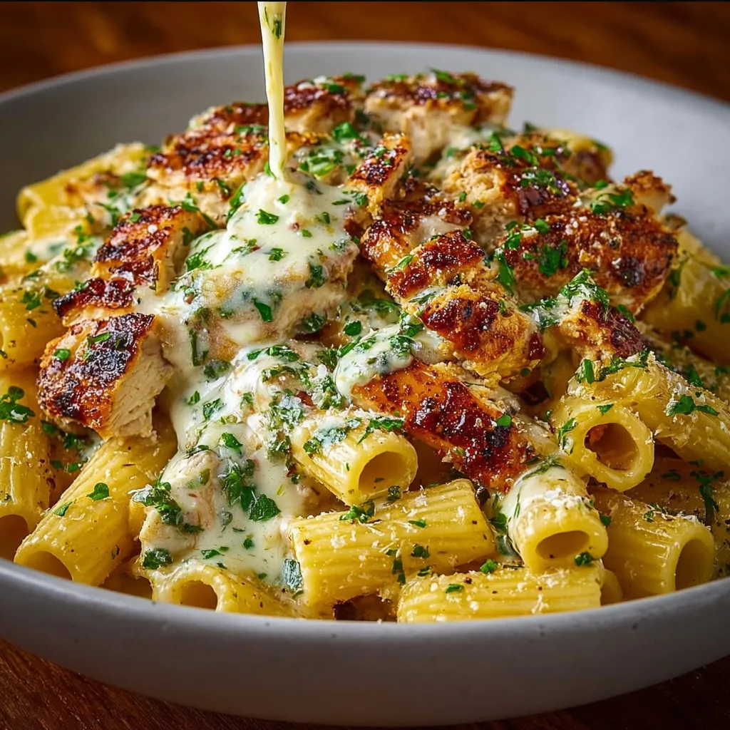 Close-up of delicious Chicken Rigatoni, showcasing the creamy sauce and perfectly cooked pasta.