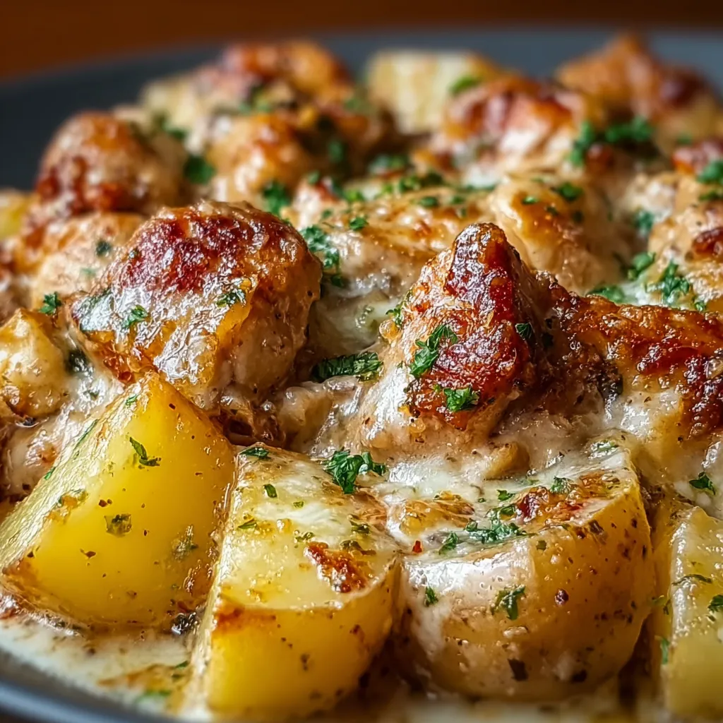 Garlic Parmesan Crockpot Chicken And Potatoes, a delicious and easy one-pot meal, is featured in this image.