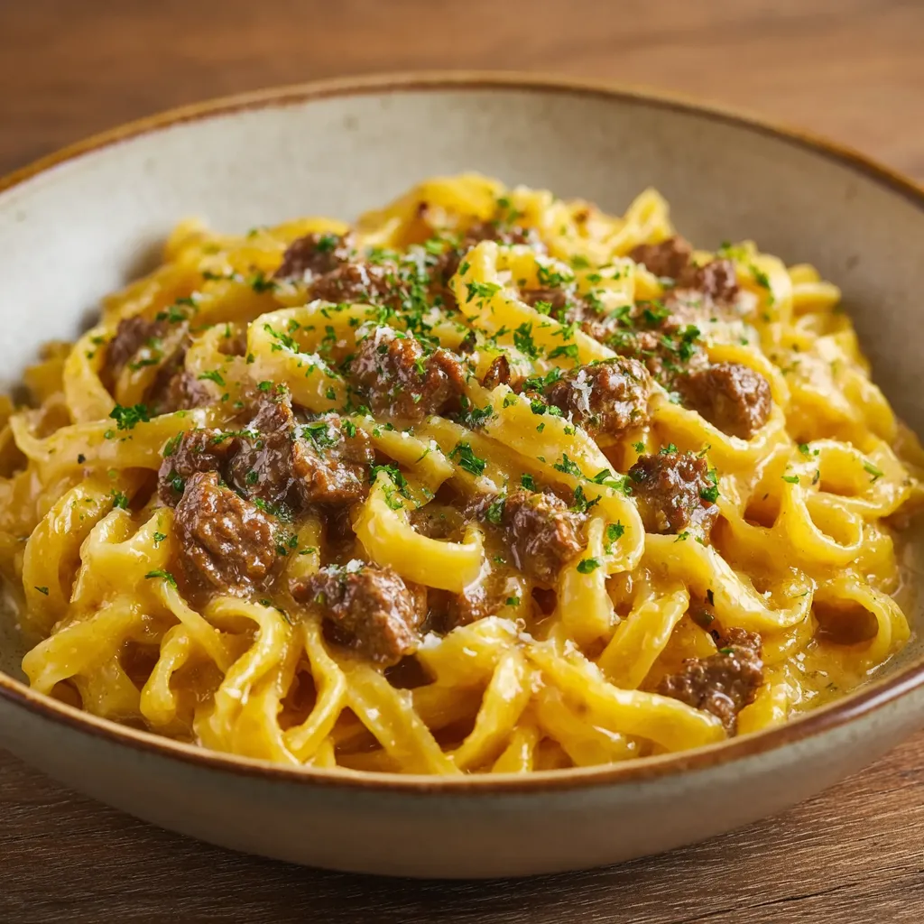 Close-up shot of a plate of Creamy Beef Garlic Butter Pasta, showcasing the creamy sauce and tender beef.