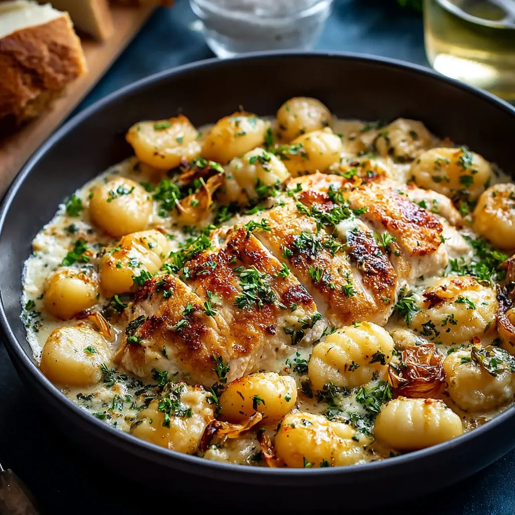 Creamy Garlic Chicken Gnocchi Skillet is shown cooked in a skillet, ready to be served.