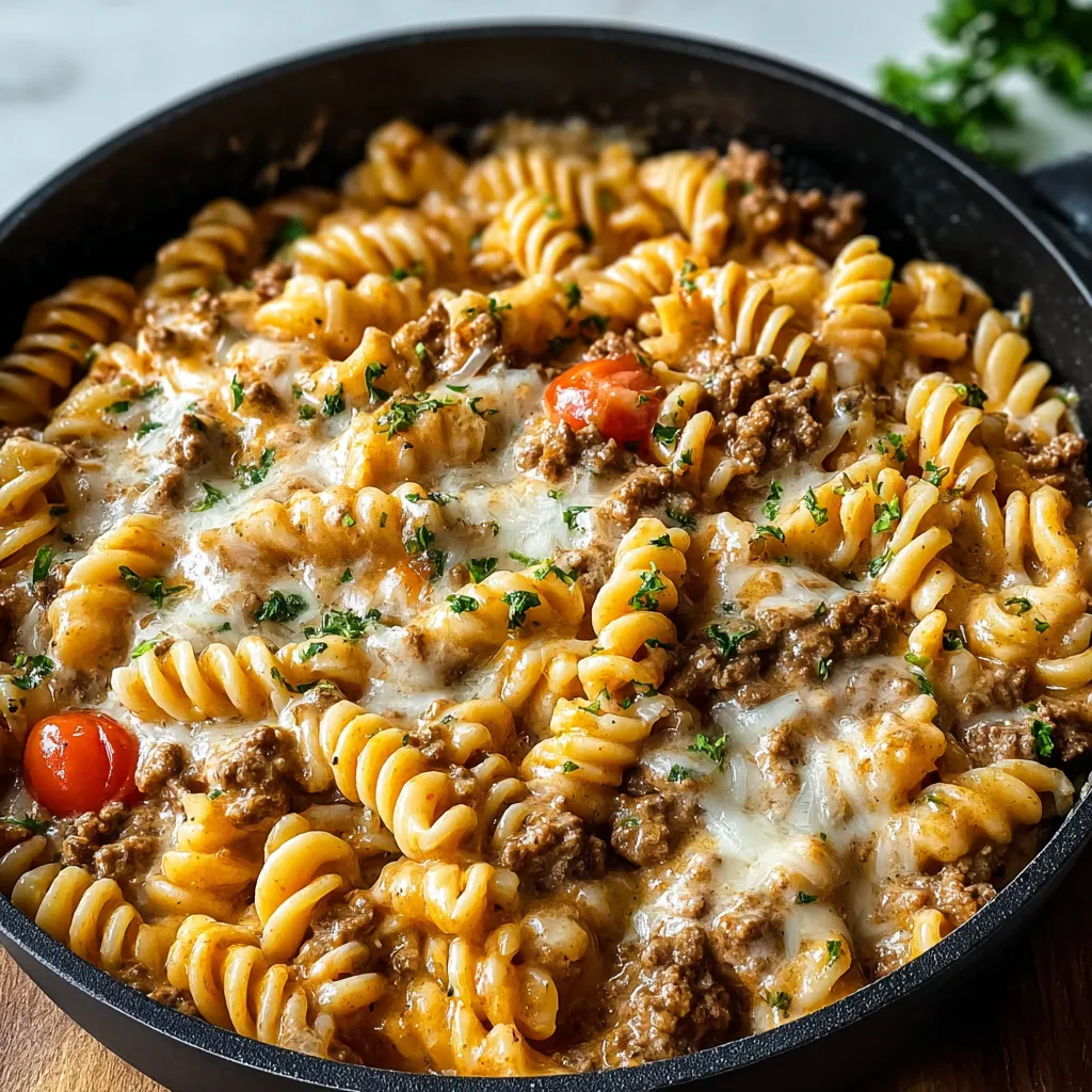 Creamy Ground Beef Pasta served in a white bowl, showcasing its creamy texture and delicious appearance.
