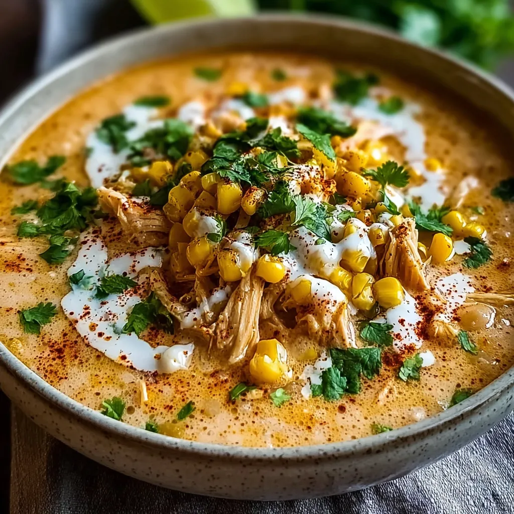 Close-up shot of a flavorful bowl of Mexican Street Corn White Chicken Chili, showcasing its creamy texture and colorful toppings.
