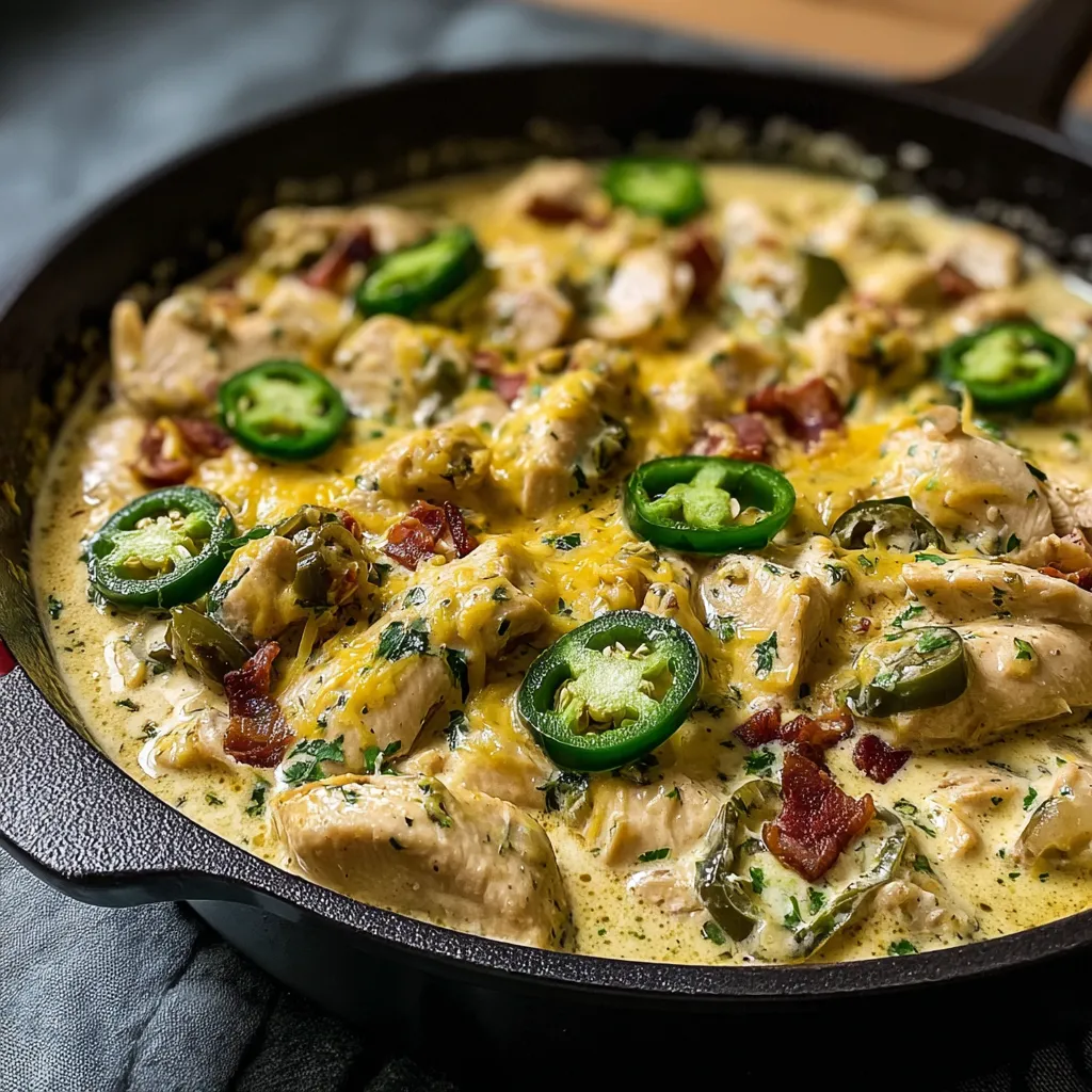 A close-up of the finished Spicy Creamy Jalapeño Chicken Skillet Dinner, bubbling and garnished with fresh cilantro.