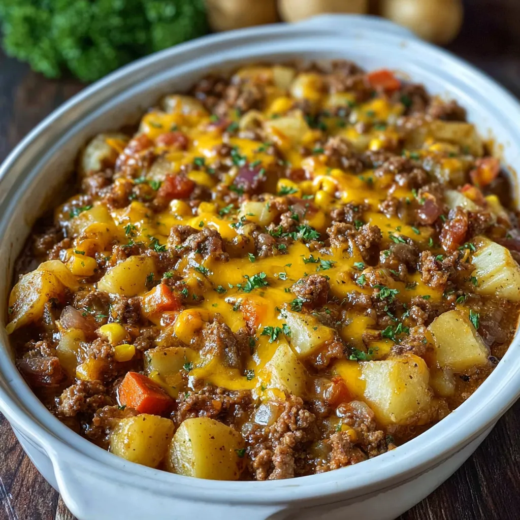 Close-up of a delicious Amish Harvest Casserole ready to be served.