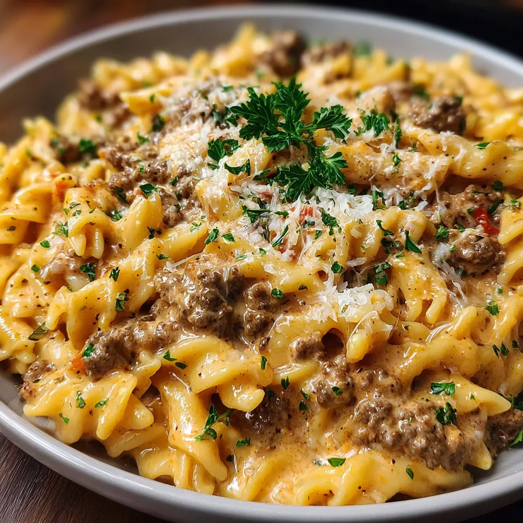 Close-up of homemade Beef Pasta dish with ground beef, tomato sauce, and parmesan cheese sprinkled on top.