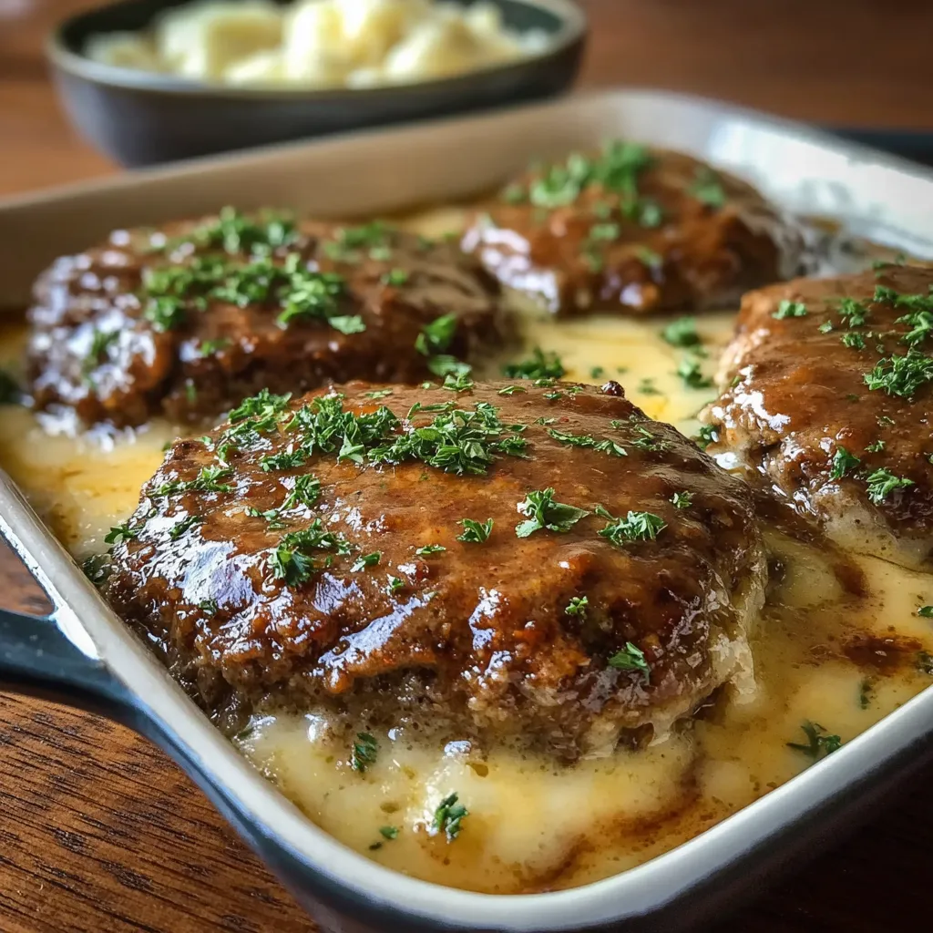 A close-up shot of the finished Amish Hamburger Steak Bake, showcasing its cheesy topping and savory filling.