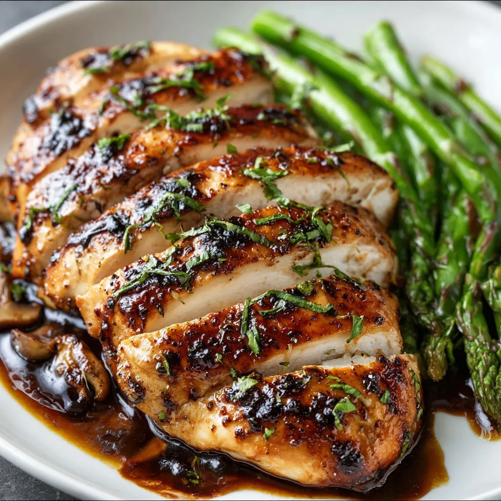 A close-up shot showcases the juicy, flavorful Balsamic Baked Chicken Breast after being baked to perfection.
