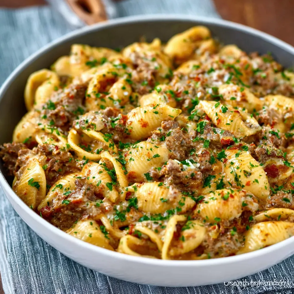 A close-up shot shows a delicious serving of Beef And Shells, highlighting the texture of the pasta and the rich beef sauce.