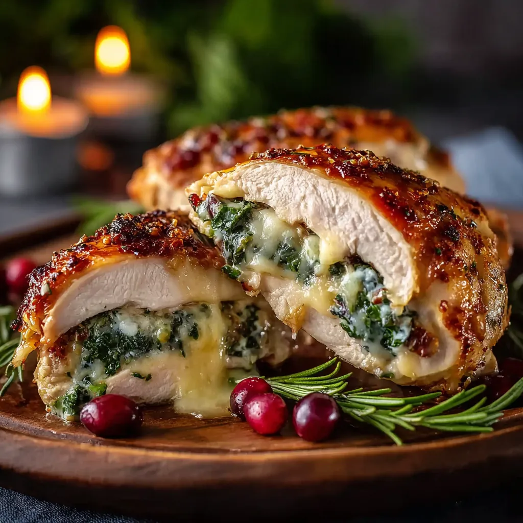 Close-up of cooked Brie-Stuffed Chicken, showing the melted brie oozing out, as part of a recipe article.