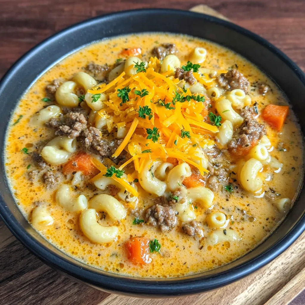 Close-up shot showing the creamy texture and beefy chunks of a bowl of homemade Cheeseburger Macaroni Soup.
