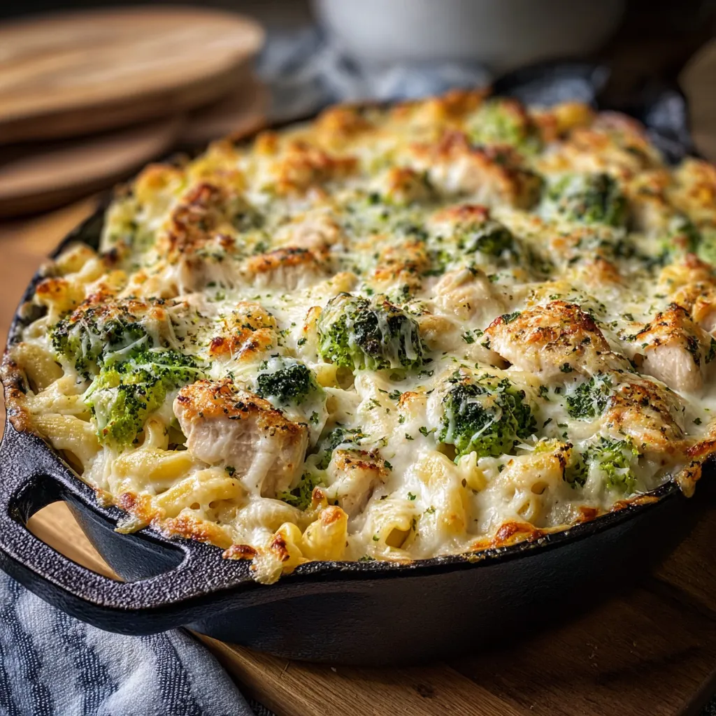 A close-up shot of a freshly baked Chicken Alfredo Broccoli Bake showcases the creamy sauce and tender broccoli.