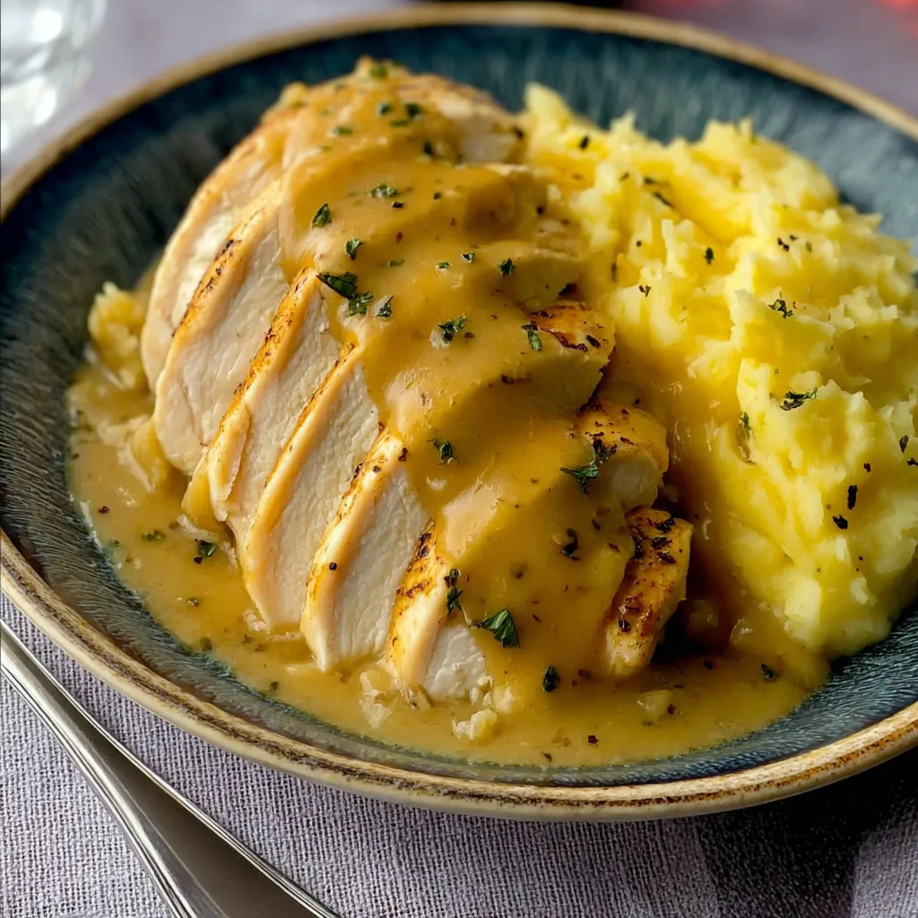 Close-up of creamy Chicken and Garlic Gravy being prepared in a pan for serving.