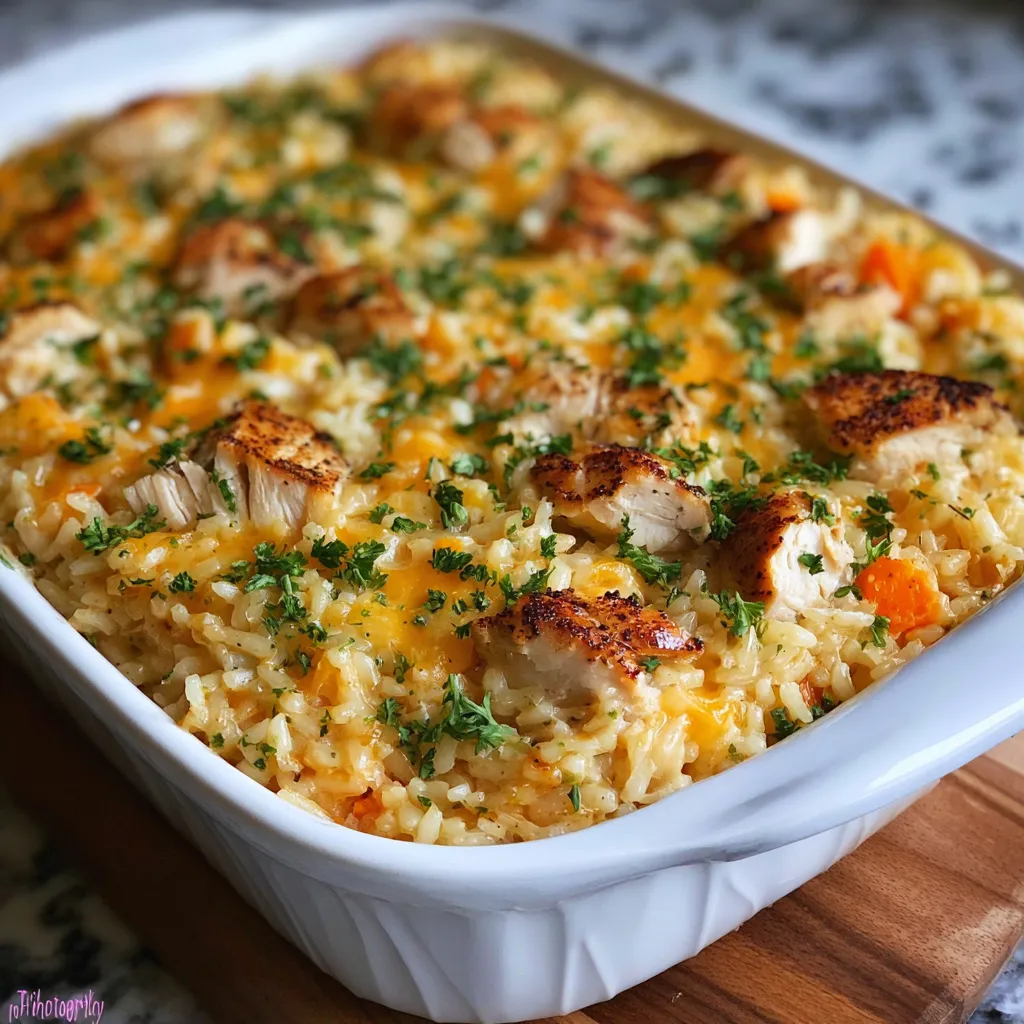 A close-up shot showcases a freshly baked Chicken And Rice Casserole, highlighting its creamy texture and golden-brown topping.