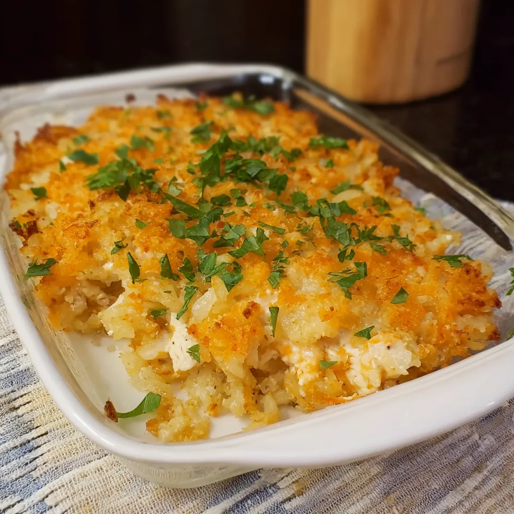 A close-up shot showcases a freshly baked Chicken Hashbrown Casserole, revealing its creamy texture and golden-brown topping.