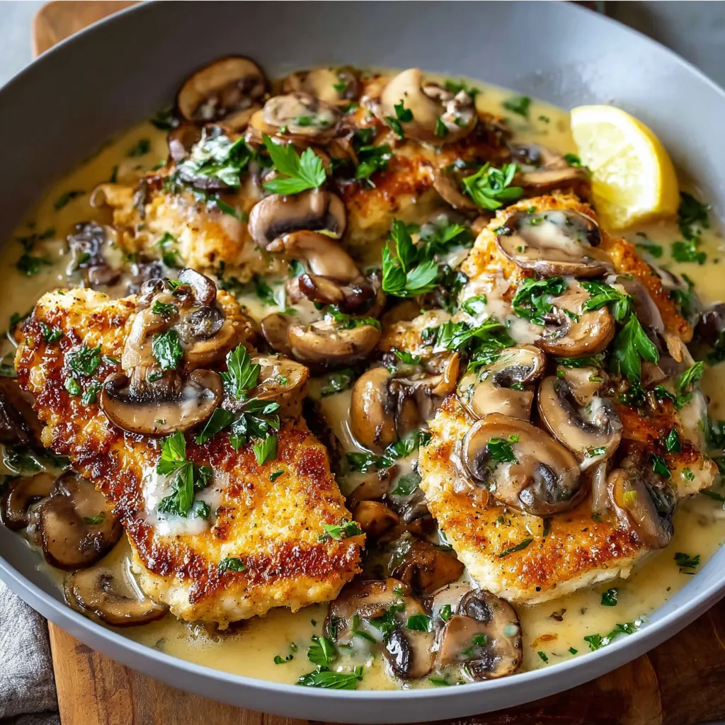 A close-up shows a delicious plate of Chicken Scallopini, ready to be served.