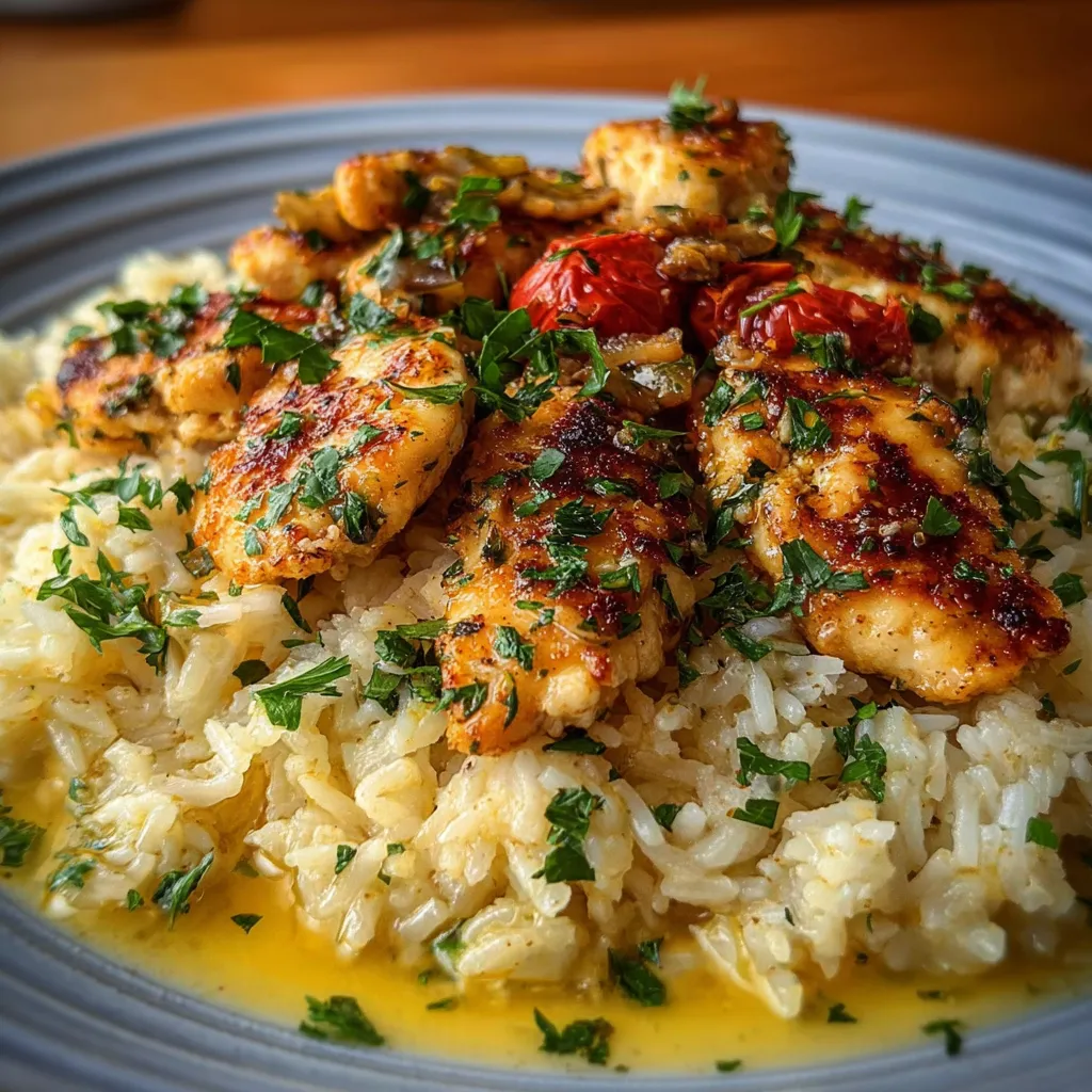 Close-up shot of freshly prepared Chicken Scampi Garlic Parmesan Rice, showcasing its creamy sauce and golden-brown chicken.