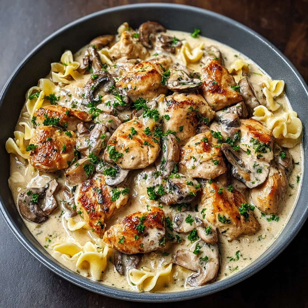 Creamy Chicken Stroganoff served on a plate, showcasing the rich sauce and tender chicken pieces.