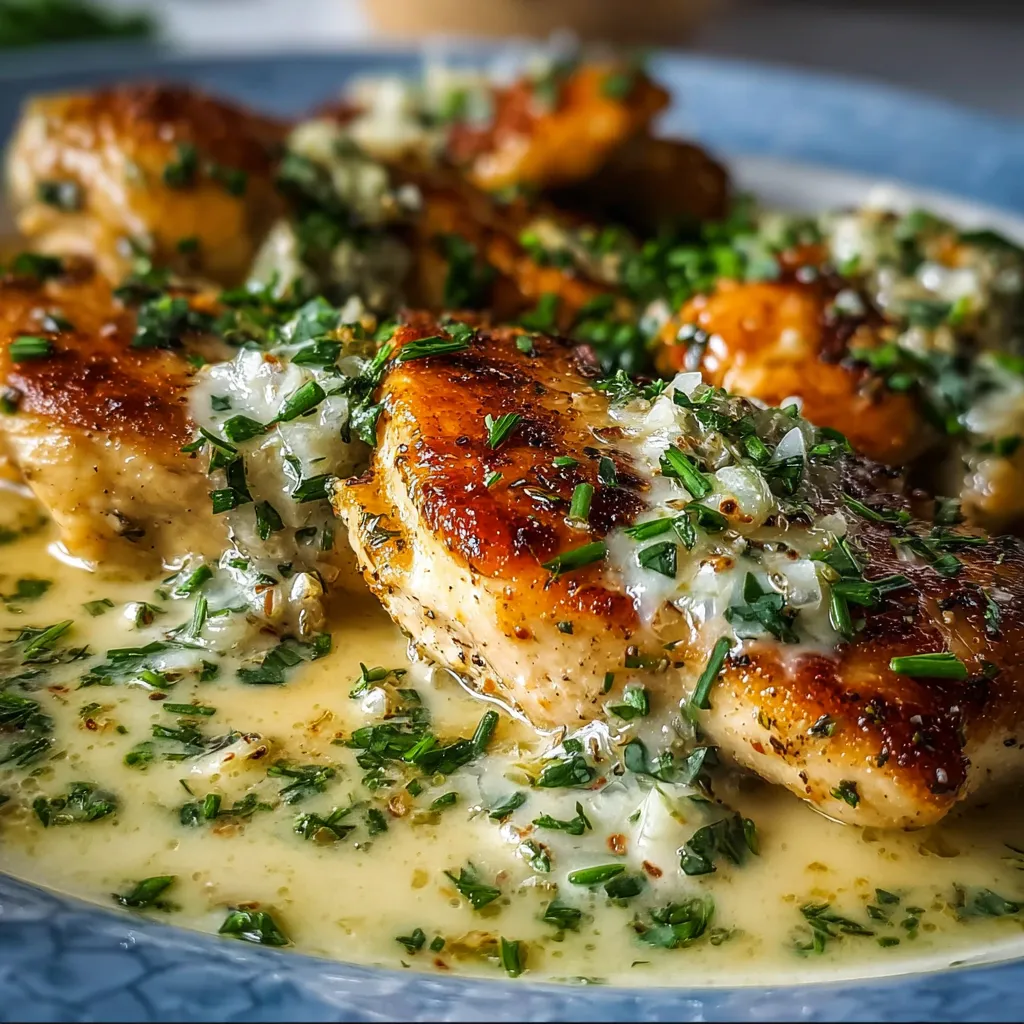 Close-up shot of creamy Chicken With Boursin Garlic Sauce served over perfectly cooked chicken breasts, showcasing its rich texture and appetizing appearance.
