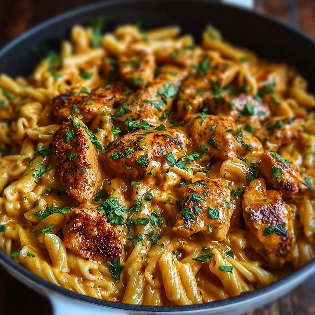 Close-up of creamy Cowboy Butter Chicken Pasta, a comforting and flavorful dish.