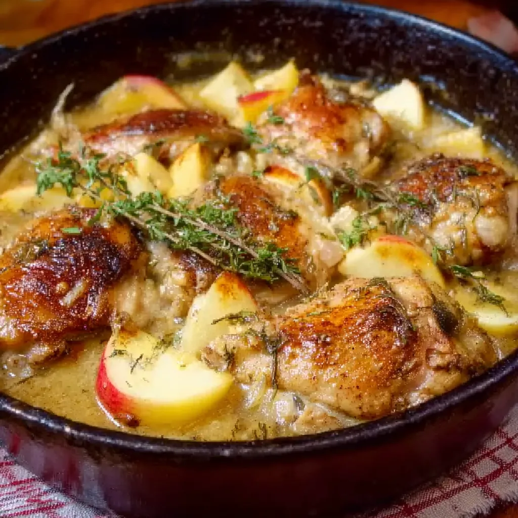 A close-up view highlights the delectable French Chicken Casserole with Apples, ready to be served.
