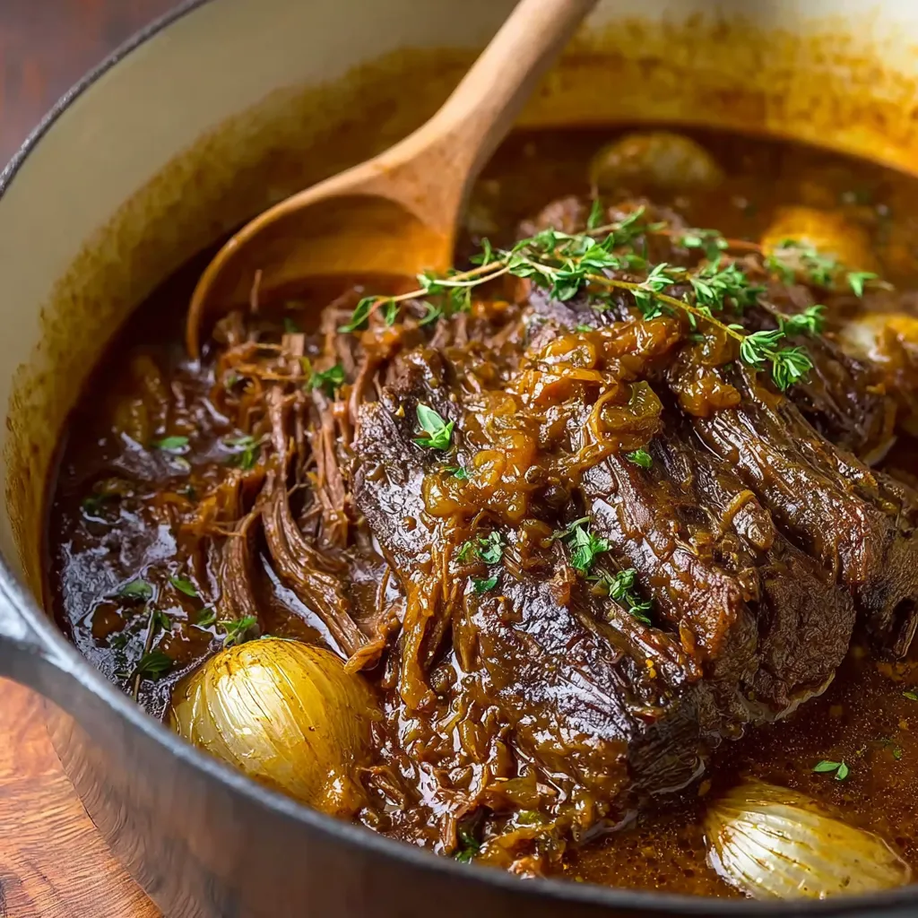 Close-up view of savory French Onion Pot Roast with melted cheese and caramelized onions.