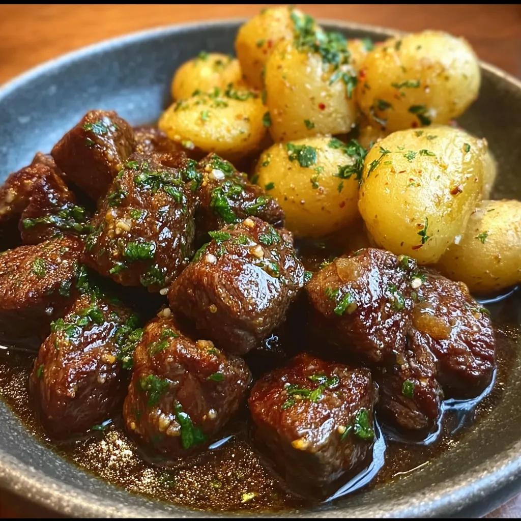 Garlic Butter Beef Bites And Potatoes Dinner presented in a close-up shot highlights the delicious sear on the beef and the golden brown potatoes.