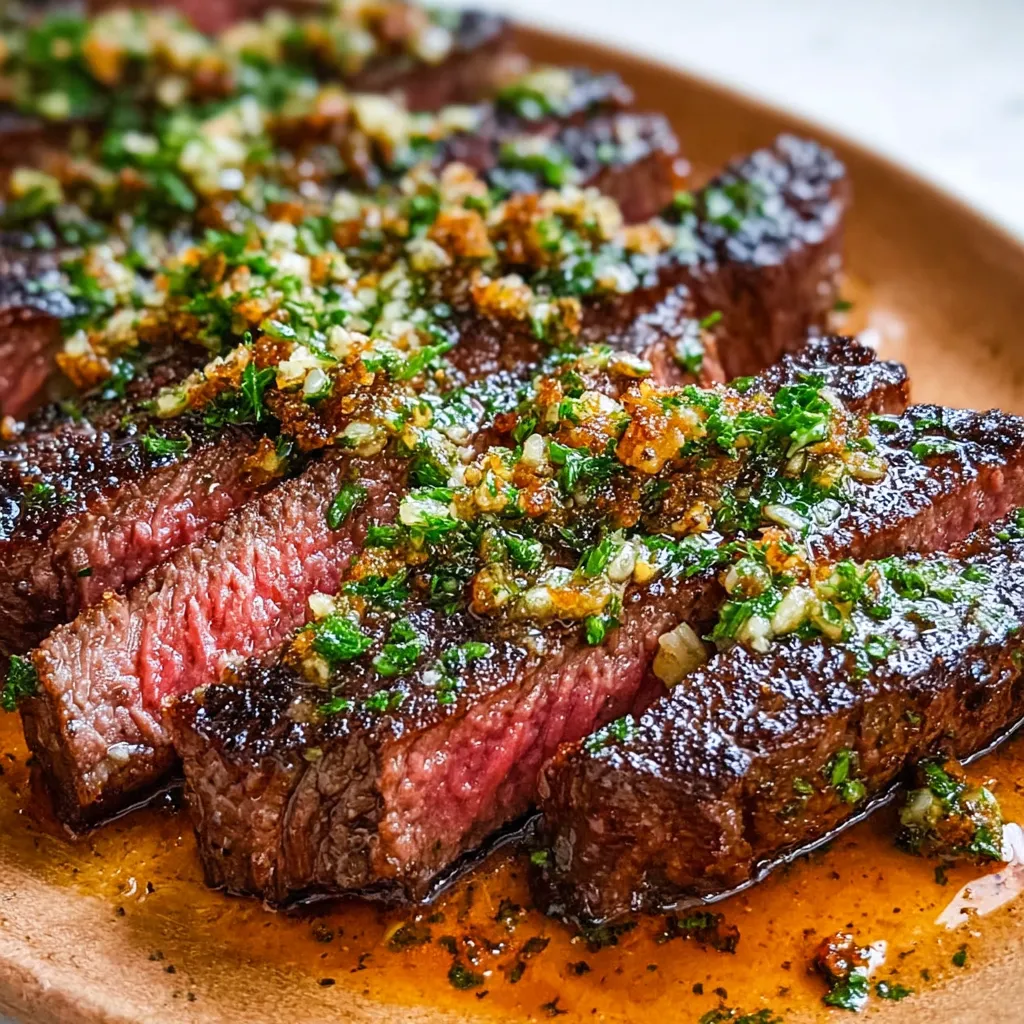 Juicy Garlic Butter Steak sizzling in a pan, ready to be served.