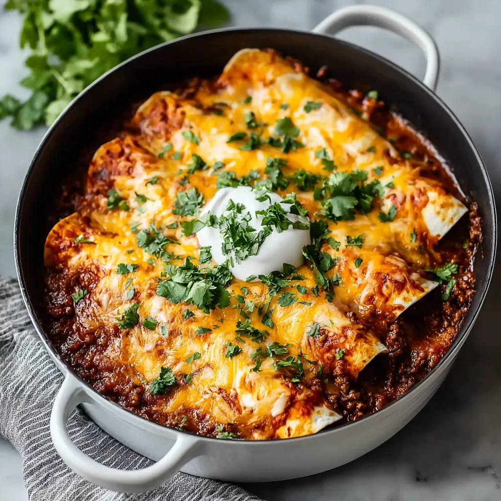 Close-up shot of delicious Ground Beef Enchiladas ready to be served.