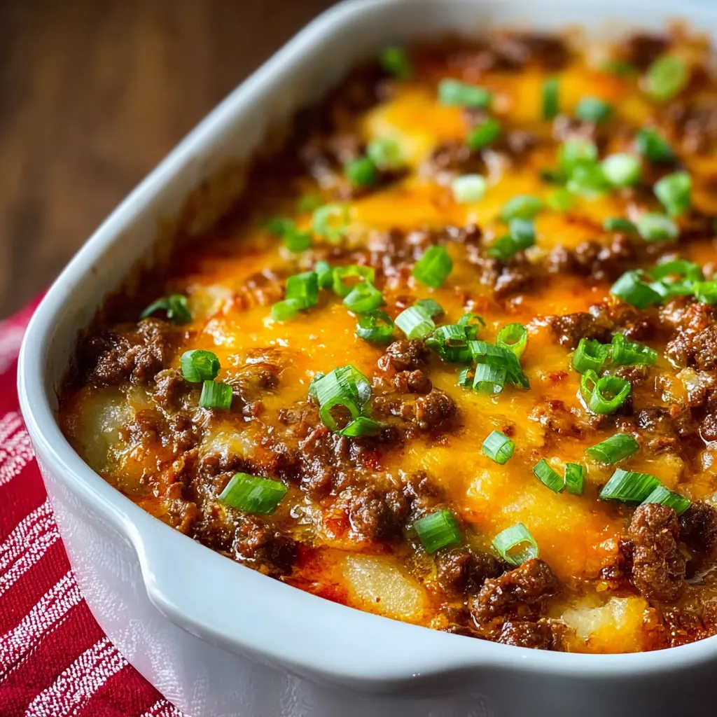Close-up shot of a freshly baked Ground Beef Hobo Casserole, showcasing its golden-brown topping and savory filling.