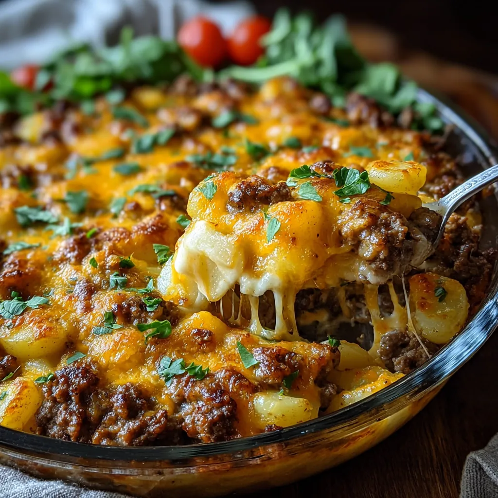 Close-up view of a freshly baked Hamburger Potato Bake, showcasing its layers and golden-brown topping.