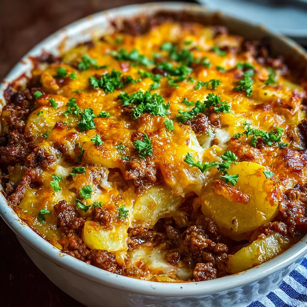 Close-up shot of a freshly baked Hobo Casserole, ready to be served.