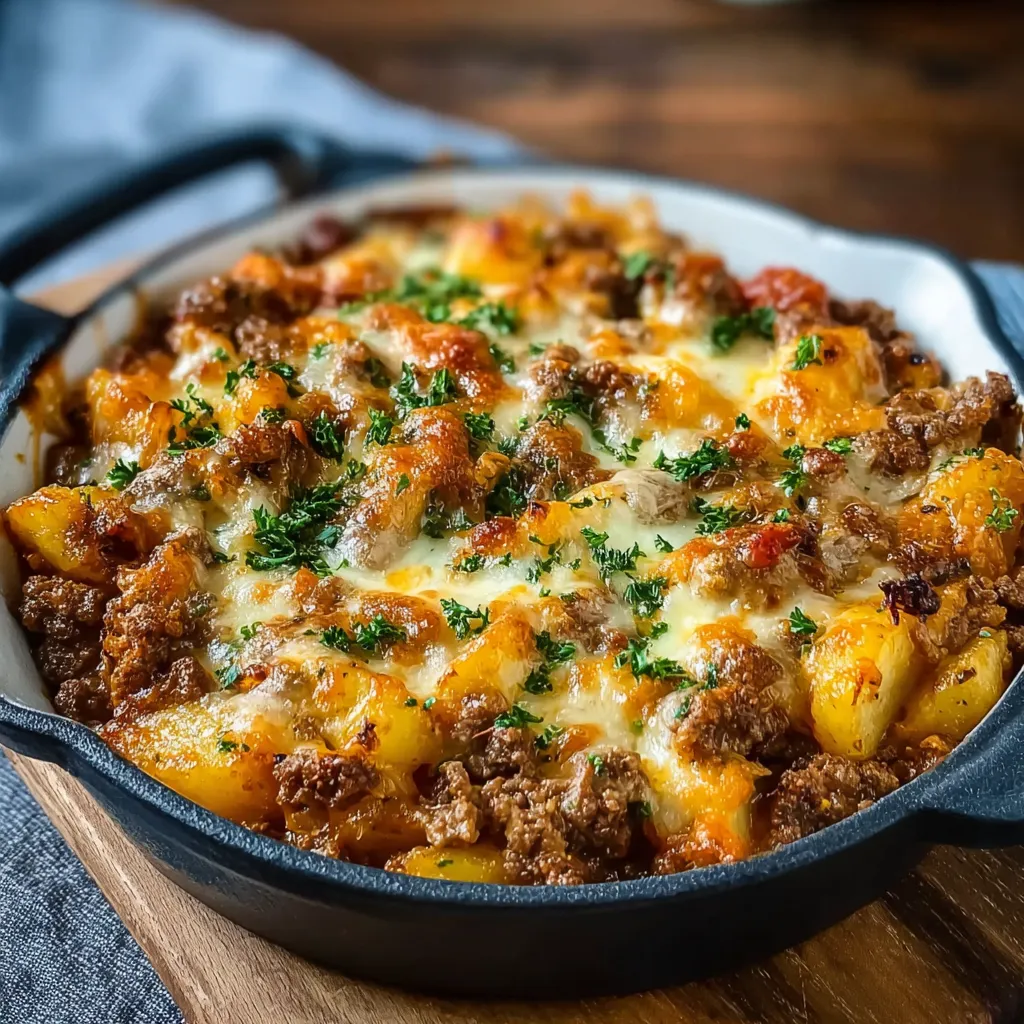 A close-up shot of a freshly baked Hobo Casserole, showcasing its browned top and delicious ingredients.
