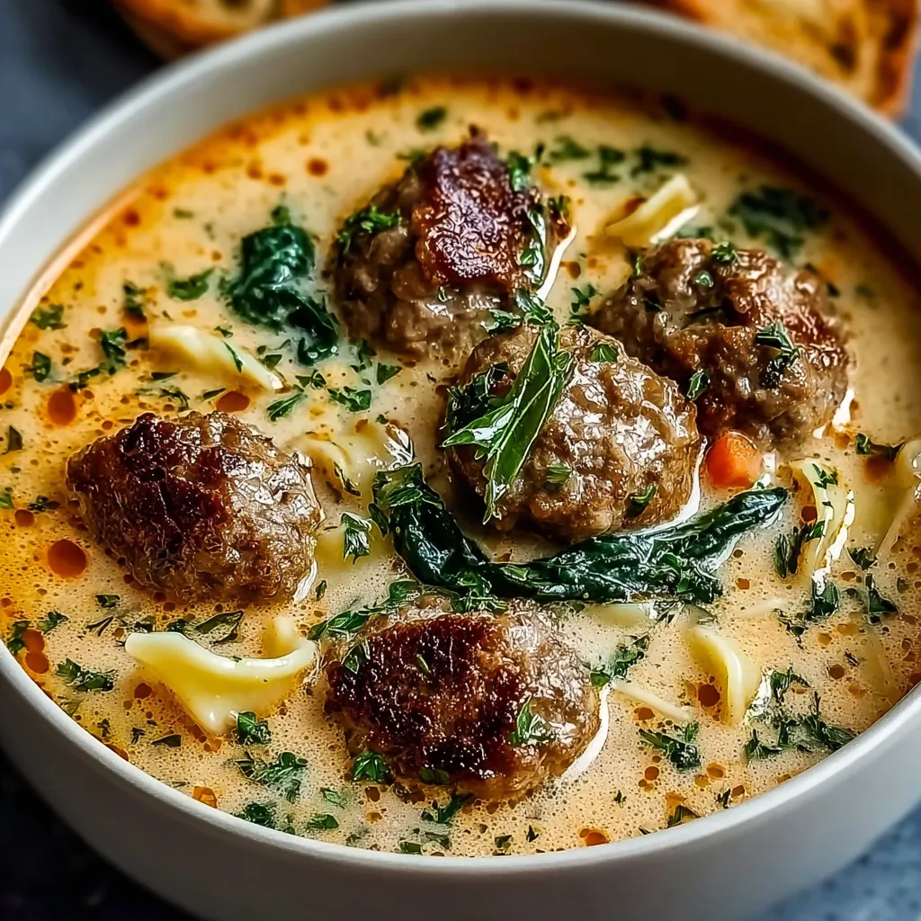 A close-up view of a steaming bowl of Italian Meatball Soup, showcasing the savory broth, tender meatballs, and fresh vegetables.