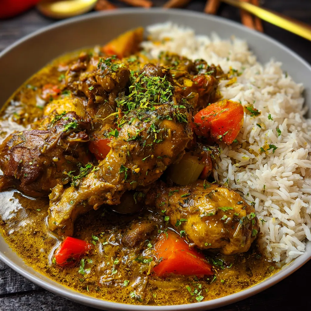 Close-up of flavorful Jamaican Curry Chicken, showcasing its rich color and texture.