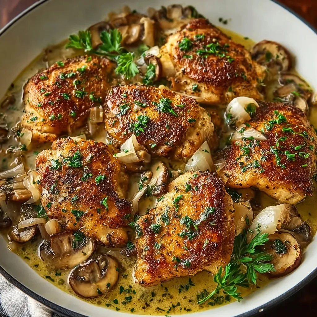 Close-up of juicy Lemon Shallot Chicken, showcasing its golden-brown skin and flavorful sauce.