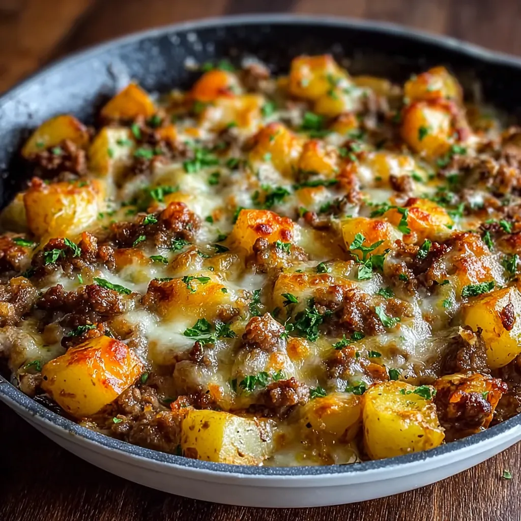 Close-up of a hearty Meat & Potato Skillet, showcasing the browned meat and tender potatoes.