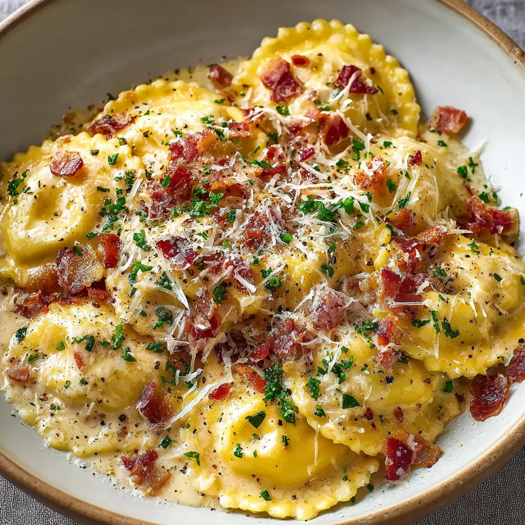 A close-up shot of the creamy sauce and cheese on a plate of Olive Garden Ravioli Carbonara.