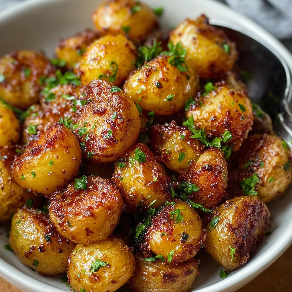 Close-up showing perfectly golden Roasted Mustard Baby Potatoes fresh out of the oven.