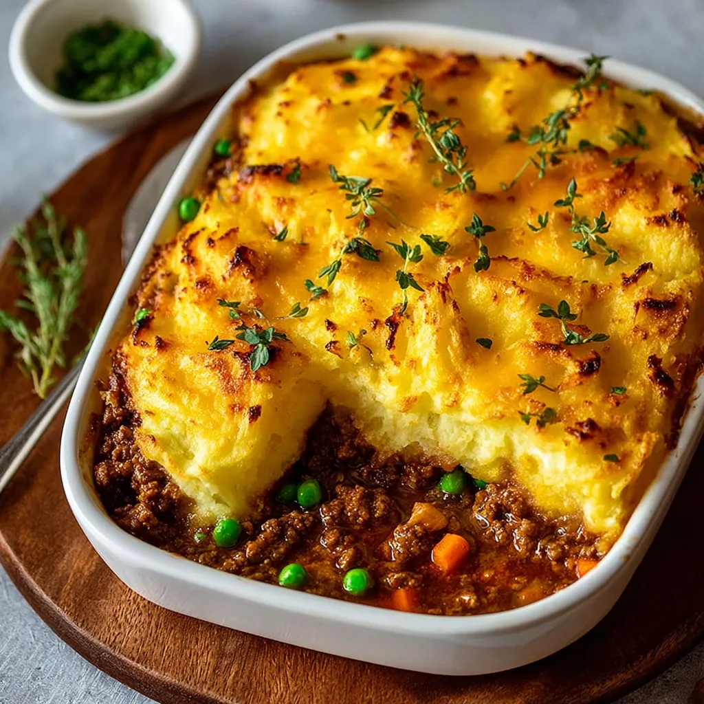 A close-up shot reveals the rich, browned top of the Shepherd's Pie With Ground Beef, highlighting the creamy mashed potato topping and savory meat filling.